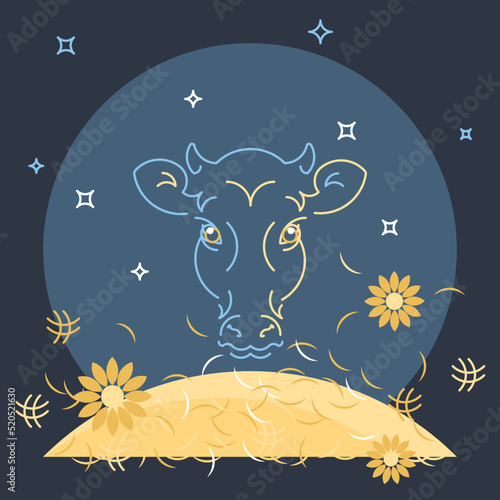 Vector illustration of a cow in a paddock chewing hay on a starry evening. Linear silhouette of artiodactyla animal