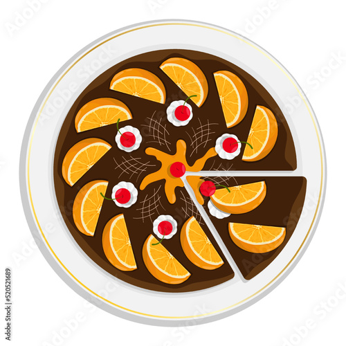 Chocolate biscuit cake on plate, fragrant pie with orange slices, cherries and cream. Exotic dessert top view. Cartoon vector isolated on white background