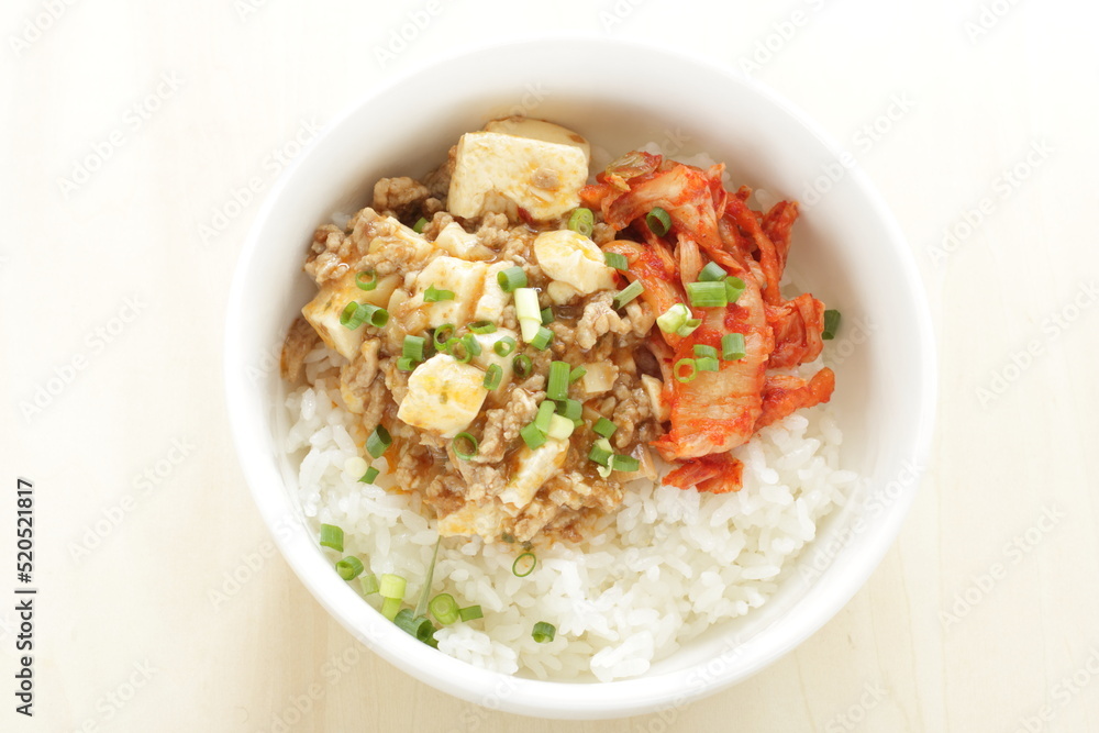 Fusion food, Chinese Mapo Tofu and Korean Kimchi on rice 