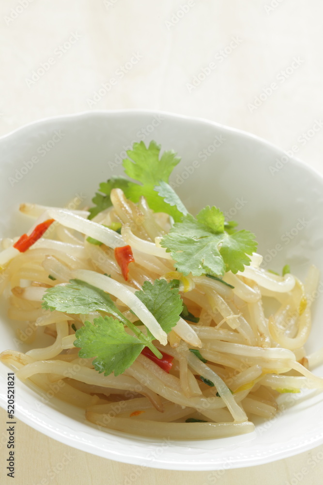 Chinese food, soy sprout stir fried served with coriander leaves Chinese food, soy sprout stir fried served with coriander leaves