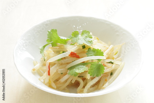 Chinese food, soy sprout stir fried served with coriander leaves