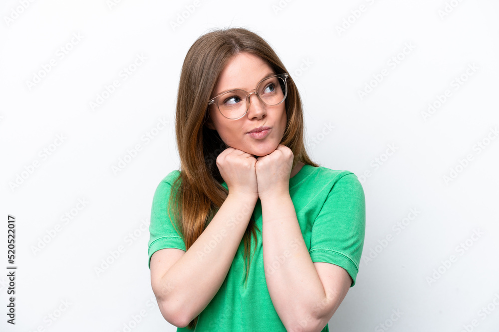 Young caucasian woman isolated on white background With glasses and tired Young caucasian woman isolated on white background With glasses and tired