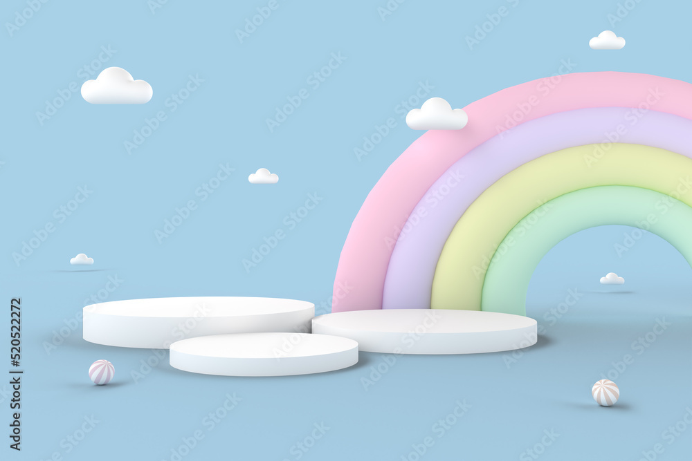 Round display podium with clouds and rainbow on the blue sky in pastel tone color for baby and kid. 3D rendering.