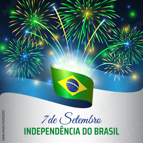 September 7, brazil independence day, vector template with brazilian flag and colorful fireworks on blue night sky background. Greeting card. Translation: 7th of September, independence of Brazil