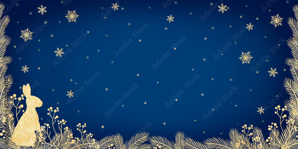 New Year banner. Snowflakes, rabbit, branches, berries. Sparkling banner for new year 2023. Golden texture for christmas. New Year banner. Snowflakes, rabbit, branches, berries. Sparkling banner for new year 2023. Golden texture for christmas.