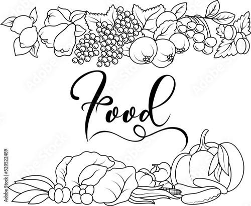 Food. Outline drawing with an inscription. Assorted fruits. Assorted vegetables. Grape. Peach. Pear. Cherry. Plum. Lemon. Cabbage. Tomatoes. Cucumbers. Pumpkin. Greens.