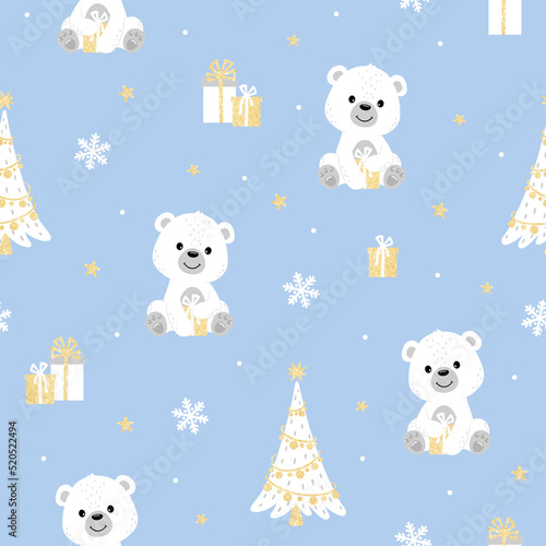 Christmas seamless pattern with polar bears, Christmas trees, snowflakes, stars on a blue grey background. New Year, Christmas, Holiday. Children's fabric and blankets.