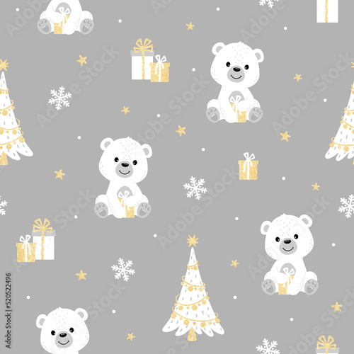 Christmas seamless pattern with polar bears, Christmas trees, snowflakes, stars on a blue grey background. New Year, Christmas, Holiday. Children's fabric and blankets.