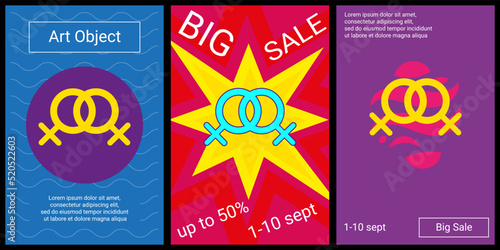 Trendy retro posters for organizing sales and other events. Large lesbian symbol in the center of each poster. Vector illustration on black background