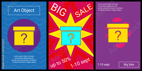 Trendy retro posters for organizing sales and other events. Large gift box with a question symbol in the center of each poster. Vector illustration on black background