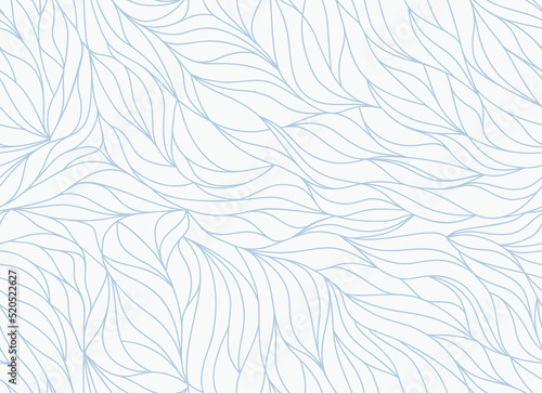 Leaves pattern with wavy lines and scrolls on light background. Seamless vector design for textile, fabric and wrapping. Plant ornament, petals texture.