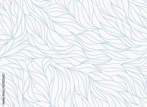 Leaves pattern with wavy lines and scrolls on light background. Seamless vector design for textile, fabric and wrapping. Plant ornament, petals texture.