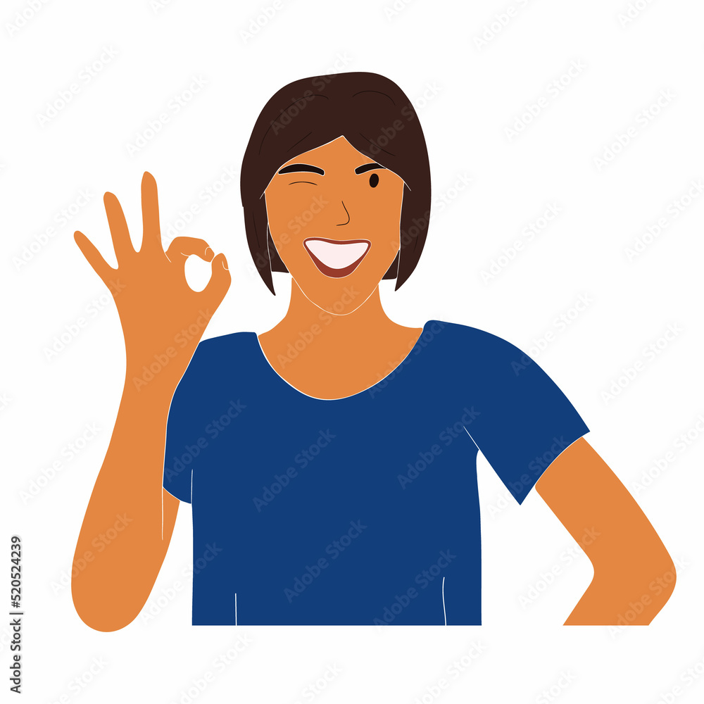 Portrait young smiling woman showing okey gesture sign, satisfied female client recommends service or product. Isolated illustration on white gbackground. Portrait young smiling woman showing okey gesture sign, satisfied female client recommends service or product. Isolated illustration on white gbackground.