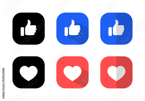 Like and love icon vector. Thumb up and love button of social media