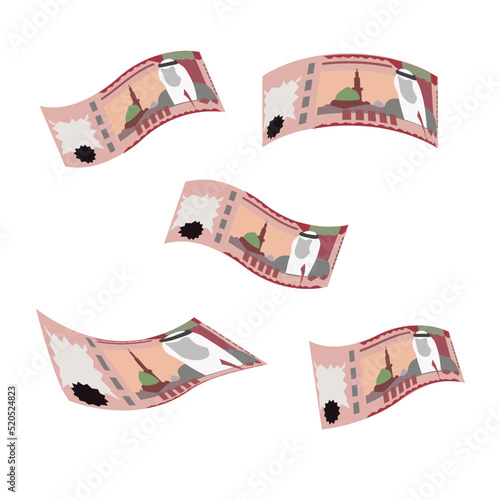 Saudi Riyal Vector Illustration. Saudi Arabia money set bundle banknotes. Falling, flying money 100 SAR. Flat style. Isolated on white background. Simple minimal design.