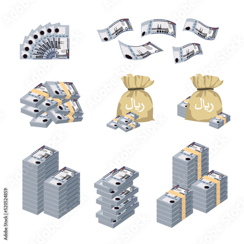 Saudi Riyal Vector Illustration. Huge packs of Saudi Arabia money set bundle banknotes. Bundle with cash bills. Deposit, wealth, accumulation and inheritance. Falling money 500 SAR
