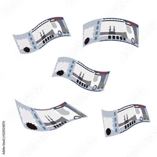Saudi Riyal Vector Illustration. Saudi Arabia money set bundle banknotes. Falling, flying money 500 SAR. Flat style. Isolated on white background. Simple minimal design.