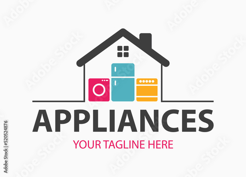 Modern minimalist home appliance store logo. Refrigerator stove and washing machine icon.