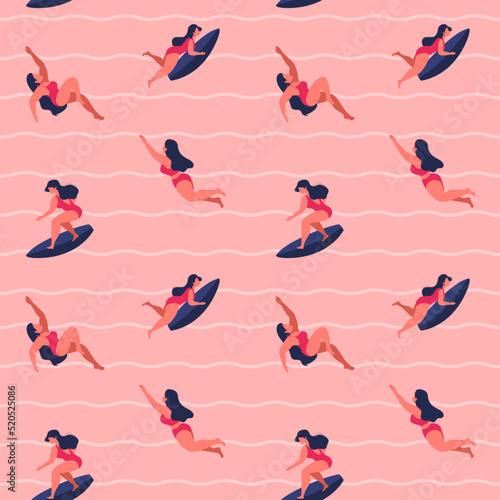 Surfing girls swimming and diving with surf board vector illustration. Women surfers in bikini swimsuits seamless pattern. Summer vibe, holidays, vacation.