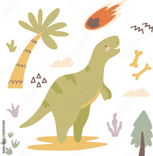Cute dinosaur t-rex. Funny cartoon dino with tropic leaves  bones  footprints. Hand drawn vector kids design for nursery room  clip art  prints in scandinavian style. Cute baby monster