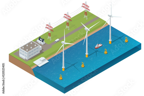Isometric Green energy industry. Wind turbines generating electricity Sustainable renewable power and a wave power station is a power station located in a water environment.
