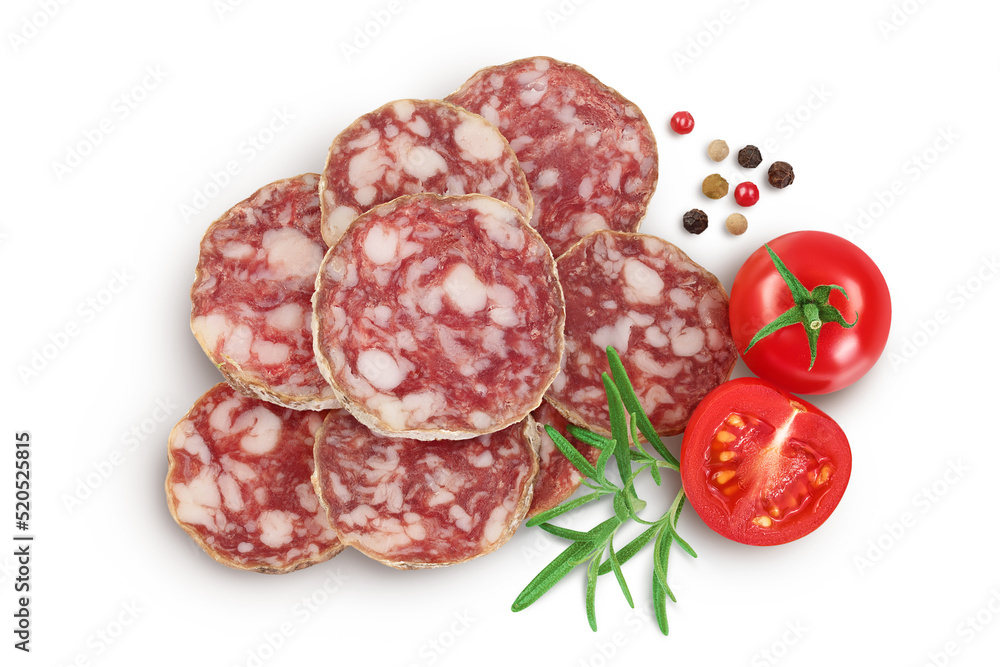 Cured salami sausage slices isolated on white background. Italian cuisine with full depth of field. Top view. Flat lay. Cured salami sausage slices isolated on white background. Italian cuisine with full depth of field. Top view. Flat lay.