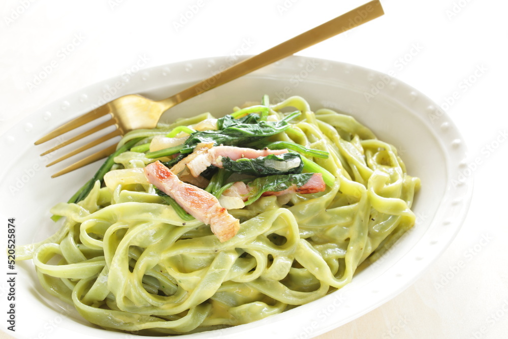 Homemade Italian, Bacon and spinach fettuccine pasta Homemade Italian, Bacon and spinach fettuccine pasta