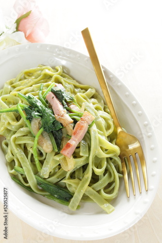 Homemade Italian, Bacon and spinach fettuccine pasta