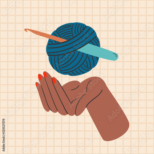 Crocheting conceptual hand-drawn illustration. Dark skin female hand holding yarn and hook. Vector art