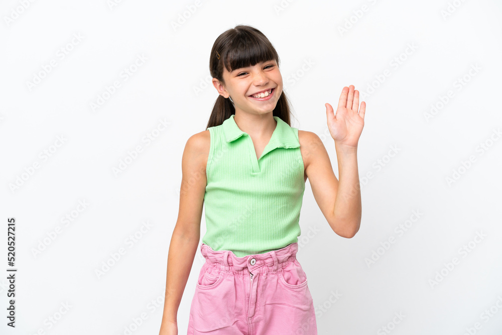Little caucasian kid isolated on white background saluting with hand with happy expression Little caucasian kid isolated on white background saluting with hand with happy expression