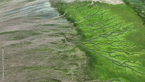 Epic nature scene of Slikken van Voorne delta with striking patterns; drone photo