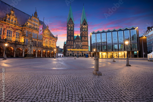 Bremen, Germany. Cityscape image of Hanseatic City of Bremen, Germany with historic Market Square, Bremen Cathedral and Town Hall at summer sunrise.
