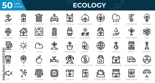 Set of 50 Ecology web icons in line style. Recycling, biology, renewable energy. Outline icons collection. Vector illustration
