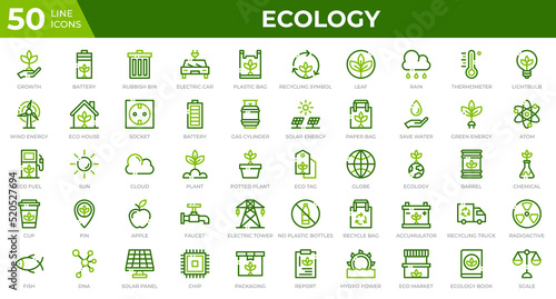 Set of 50 Ecology web icons in colored line style. Recycling, biology, renewable energy. Colored outline icons collection. Vector illustration