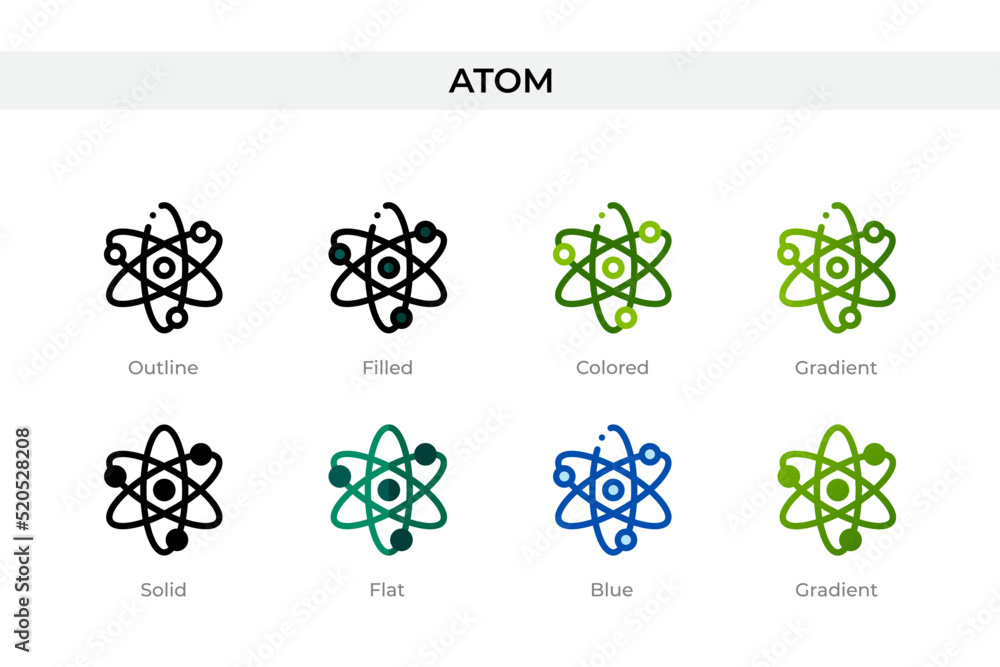 Atom icon in different style. Atom vector icons designed in outline, solid, colored, filled, gradient, and flat style. Symbol, logo illustration. Vector illustration Atom icon in different style. Atom vector icons designed in outline, solid, colored, filled, gradient, and flat style. Symbol, logo illustration. Vector illustration