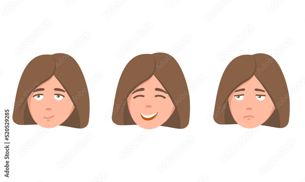 Character design. Woman with different facial expressions. Sad, cheerful, smiling girl. Character design. Woman with different facial expressions. Sad, cheerful, smiling girl.