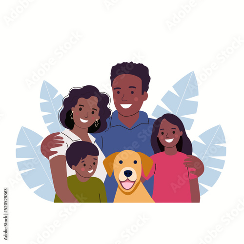 Mother and father with children and dog. Happy family isolated.Vector flat style illustration