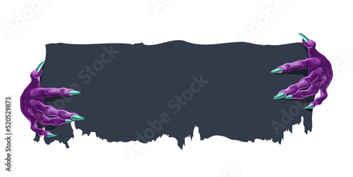 Halloween banner with vampire hands. Cartoon vector design with monster paws holding torn scroll. Creepy characters purple fingers with green talons holding ragged parchment, piece of fabric or paper