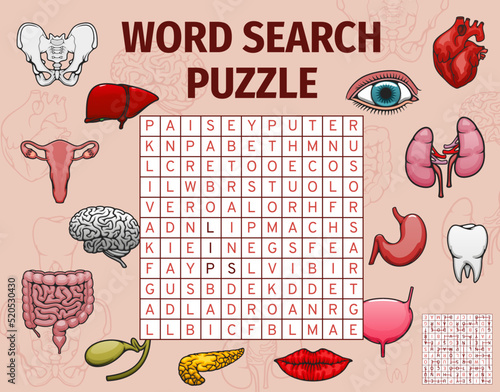 Human organs, body parts word search puzzle game worksheet, vector quiz. Medical riddle grid to search and find words of body anatomy, heart and lungs, eye and lips, spine and tooth with pancreas