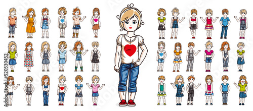 Cute little child girls in different casual wear standing in full length and posing vector illustrations isolated big set, happy beautiful kids drawings collection, people diversity children.