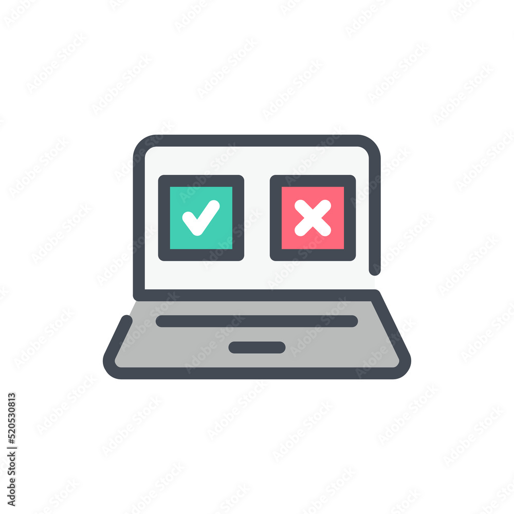 Online survey and Survey questionnaire color line icon. Laptop and check box with tick and cross on display vector outline colorful sign. Online survey and Survey questionnaire color line icon. Laptop and check box with tick and cross on display vector outline colorful sign.