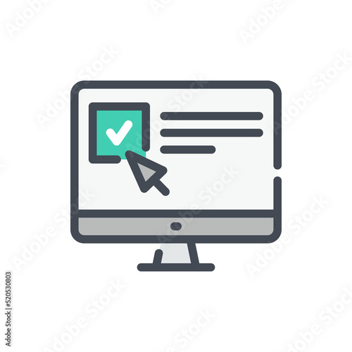 Online exam, Survey form on computer display and Select field with cursor color line icon. PC with check box and tick vector outline colorful sign. © NikWB