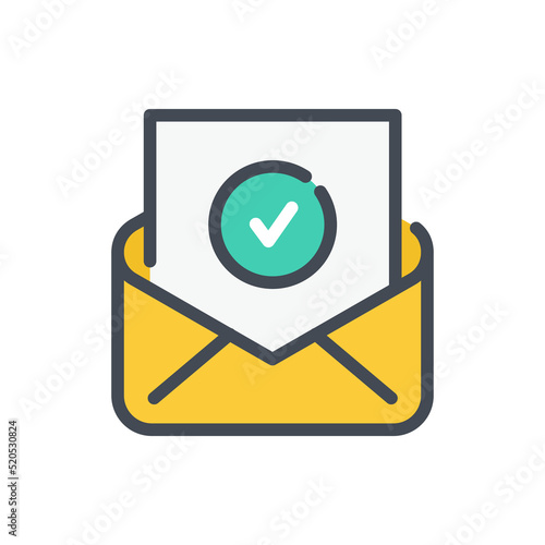 Email confirmation and Notification of approval color line icon. Mail letter with check mark in circle vector outline colorful sign.
