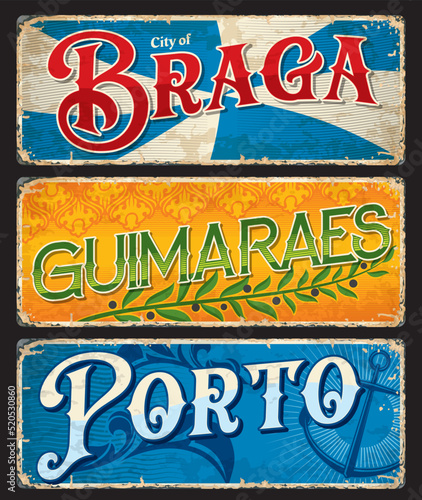 Porto, Braga, Guimaraes, Portuguese travel stickers and luggage tags, vector bag labels. Portugal country and city vacations or journey trip retro tin signs and travel plates with landmarks