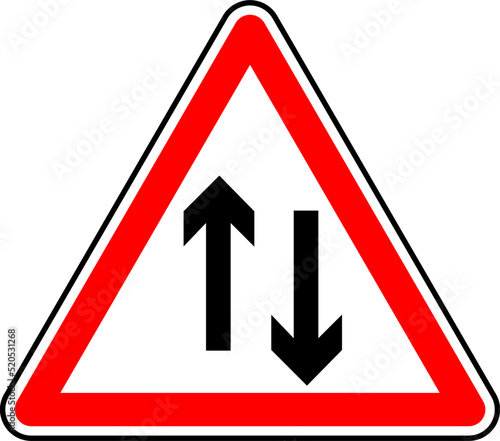 Free Download Vector graphic of a uk two way ahead road sign. It consists of two vertical arrows pointing in opposite directions contained within a red triangle - GFXLoad