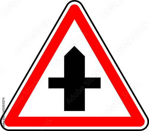 Vector graphic of a uk crossroad ahead road sign. It consists of a crossroad symbol contained within a red triangle