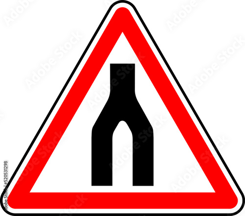 Vector graphic of a uk warning of the end of a dual carriageway ahead road sign. It consists of two roads become one symbol contained within a red triangle