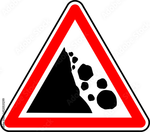 Vector graphic of a uk danger of falling rocks ahead road sign. It consists of a hillside and falling boulders symbol contained within a red triangle