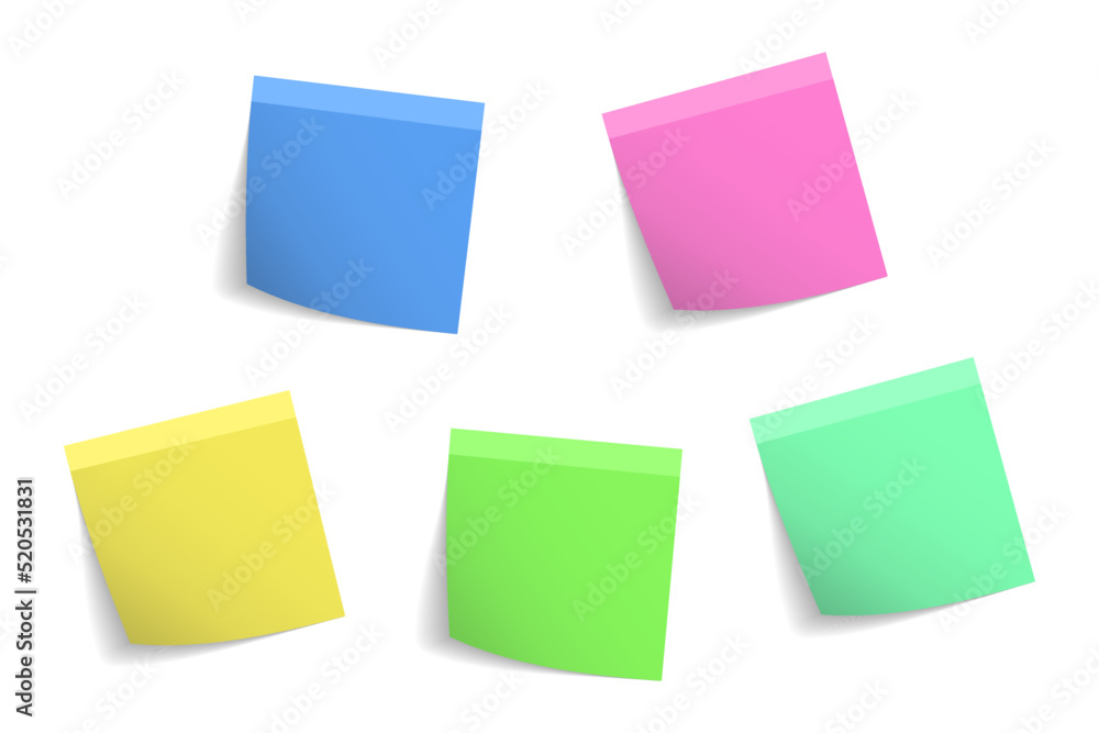 Realistic office sticky paper reminder notes in colors. Adhesive square memo pages for important messages. Sticker post notepad vector set. 