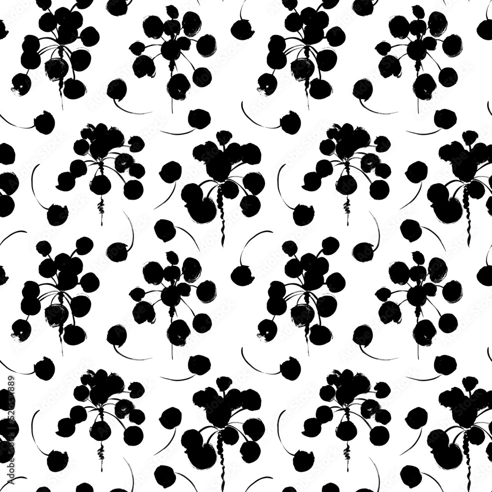 Pilea leaves with stems vector seamless pattern. Black branches with circle leaves. Botanical seamless background with bold leaves. Hand drawn black brush stroke botanical texture. Drawing of pilea Pilea leaves with stems vector seamless pattern. Black branches with circle leaves. Botanical seamless background with bold leaves. Hand drawn black brush stroke botanical texture. Drawing of pilea